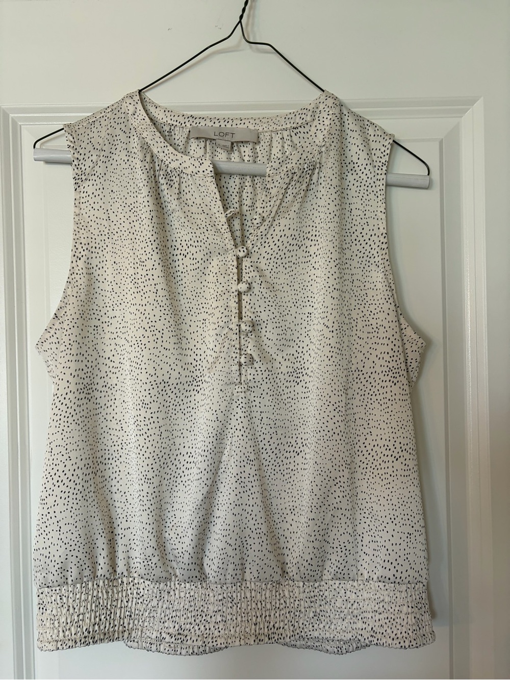 LOFT Cream Sleeveless Henley Top with Black Dot Print and Smocked Hem